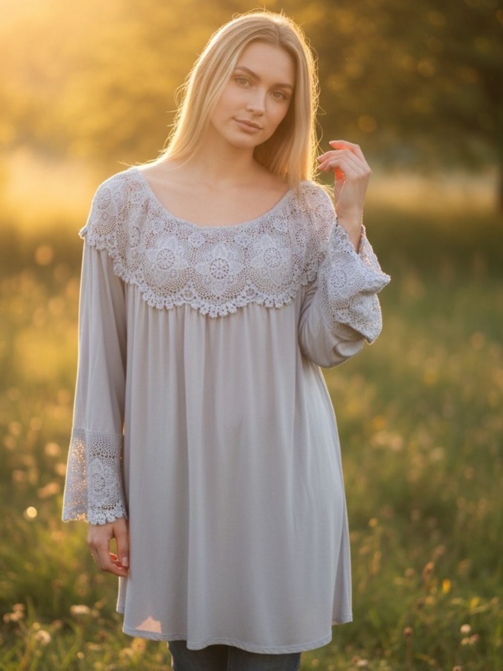 POL Light Gray Boho Lace Crochet Yoke Mini Dress Romantic Tunic Top Size Large